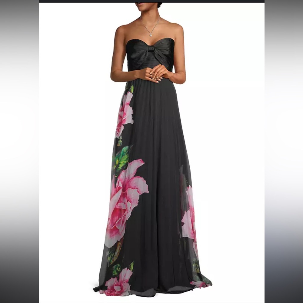One33 Social • Floral Graphic Pleated Chiffon Strapless Gown